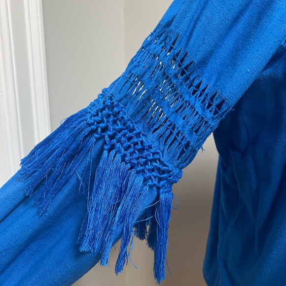 NWT Ulla Johnson Royal Blue Linen Top Blouse Tassels Stunning Long sleeve 10 - Picture 7 of 8